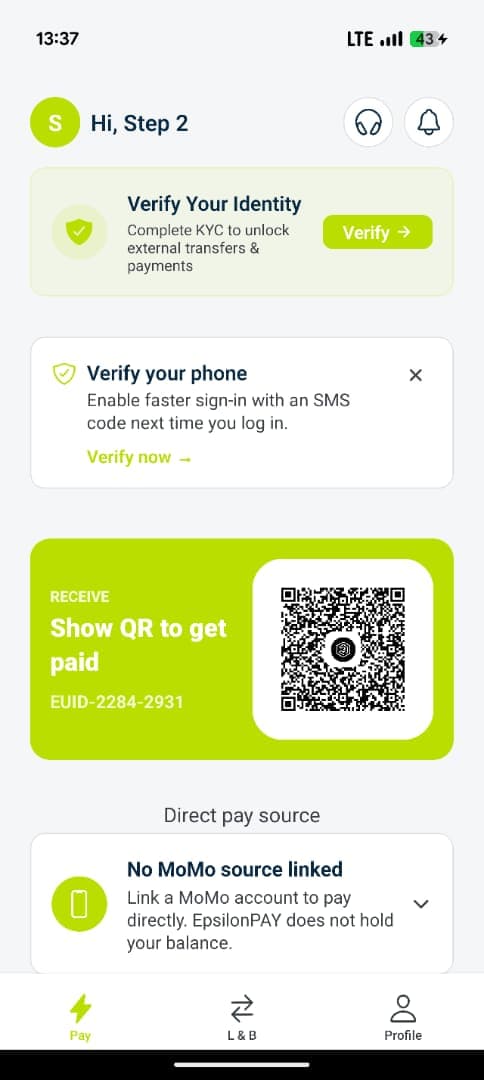 EpsilonPAY home screen showing a personal QR code for getting paid into a linked Mobile Money account