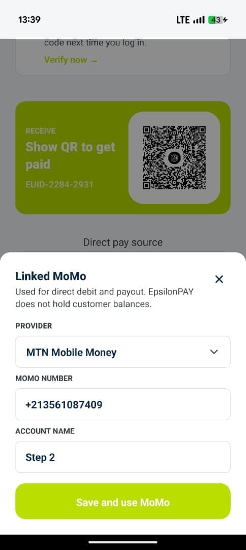 Linking a Mobile Money account in EpsilonPAY, with a note that the app does not hold customer balances